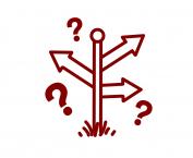 Cartoon of a signpost pointing in multiple directions surrounded by question marks